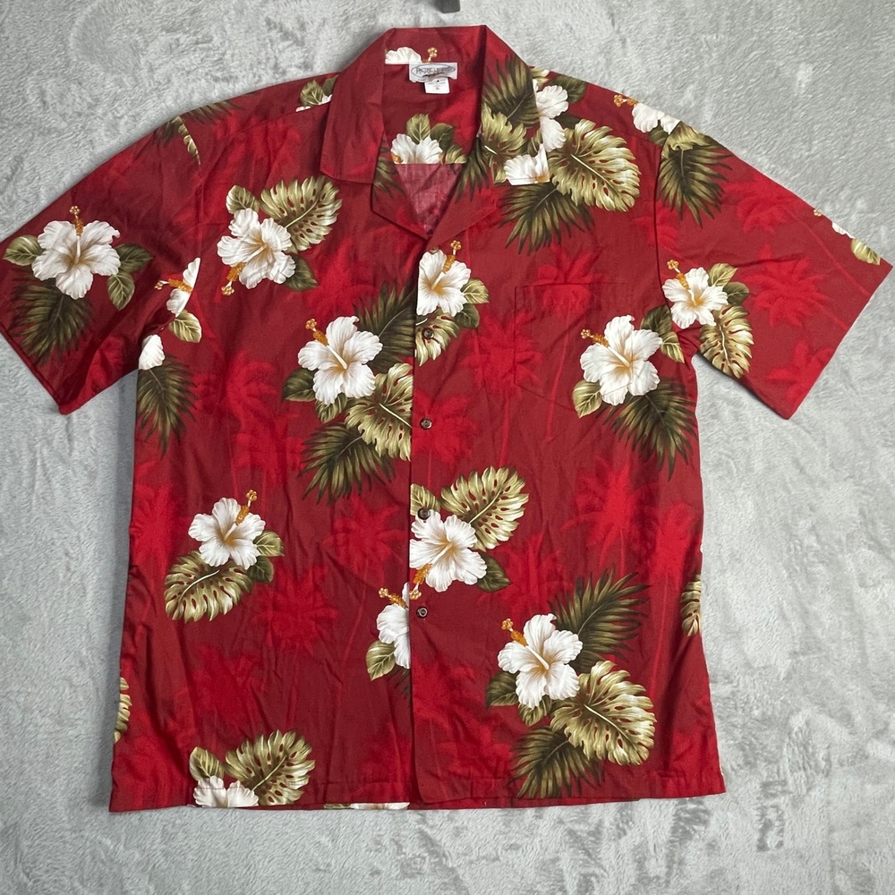 Pacific Legend Hawaiian Shirt Men XL Red Hibiscus Monstera Cotton Made in Hawaii